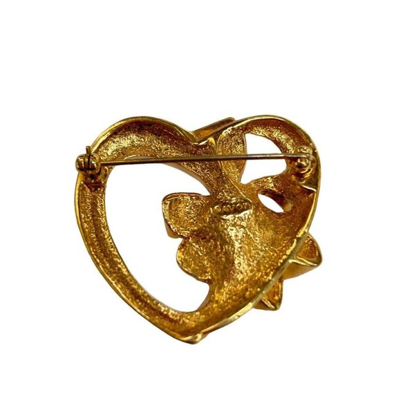 Vintage Signed Avon Brooch Pin Goldtone Heart with Bow Blue Stone 1.5" - Picture 4 of 5